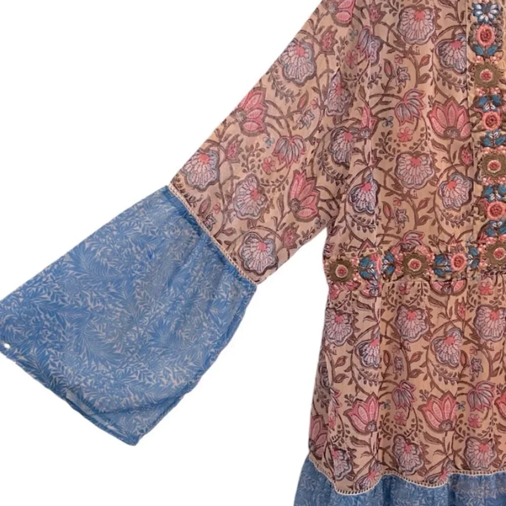 Soft Surroundings Pergola Blue Pink Floral Embroidered Sparkle Peasant Blouse